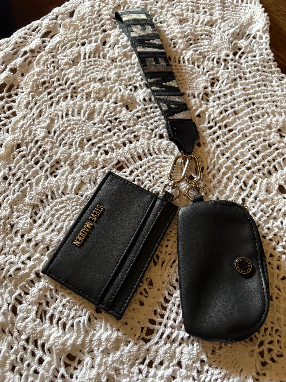 Steve Madden Black Card Holder and Coin Pouch Wrist Strap